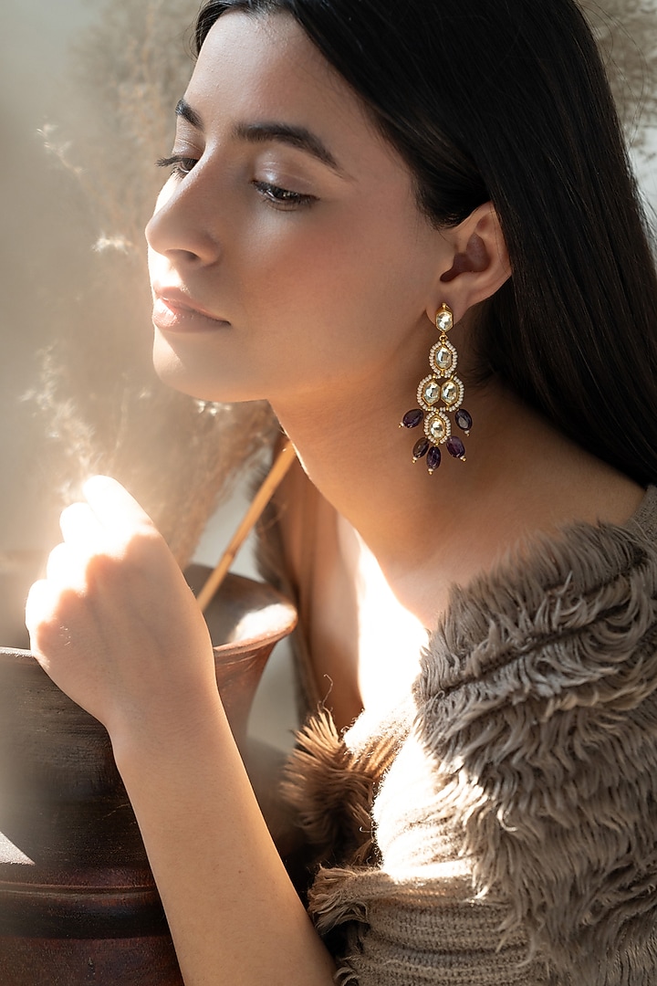 Gold Plated Amethyst & Kundan Polki Dangler Earrings by Do Taara at Pernia's Pop Up Shop