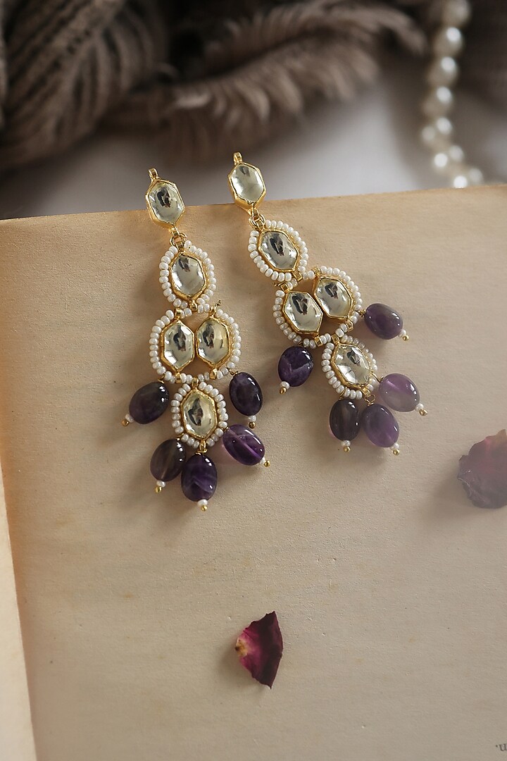 Gold Plated Amethyst & Kundan Polki Dangler Earrings by Do Taara at Pernia's Pop Up Shop