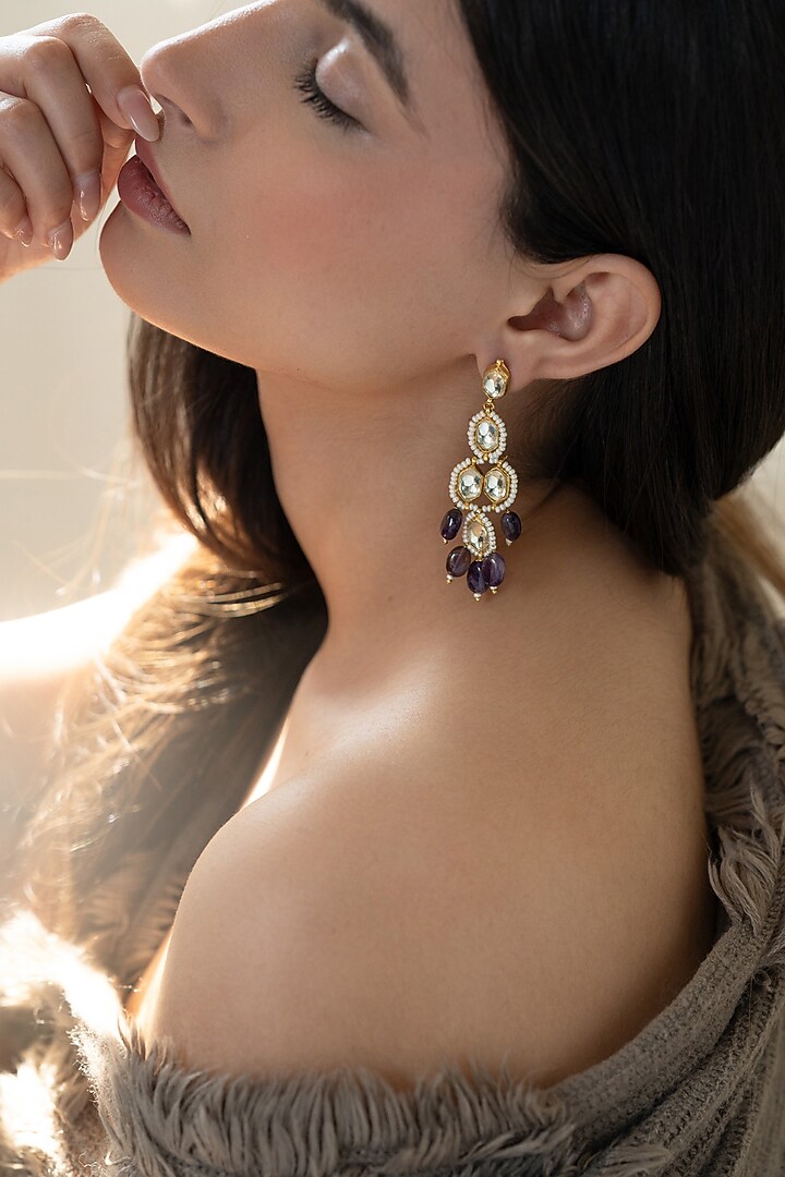 Gold Plated Amethyst & Kundan Polki Dangler Earrings by Do Taara at Pernia's Pop Up Shop