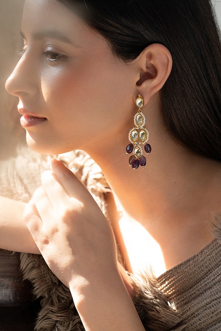 Gold Plated Amethyst & Kundan Polki Dangler Earrings by Do Taara at Pernia's Pop Up Shop