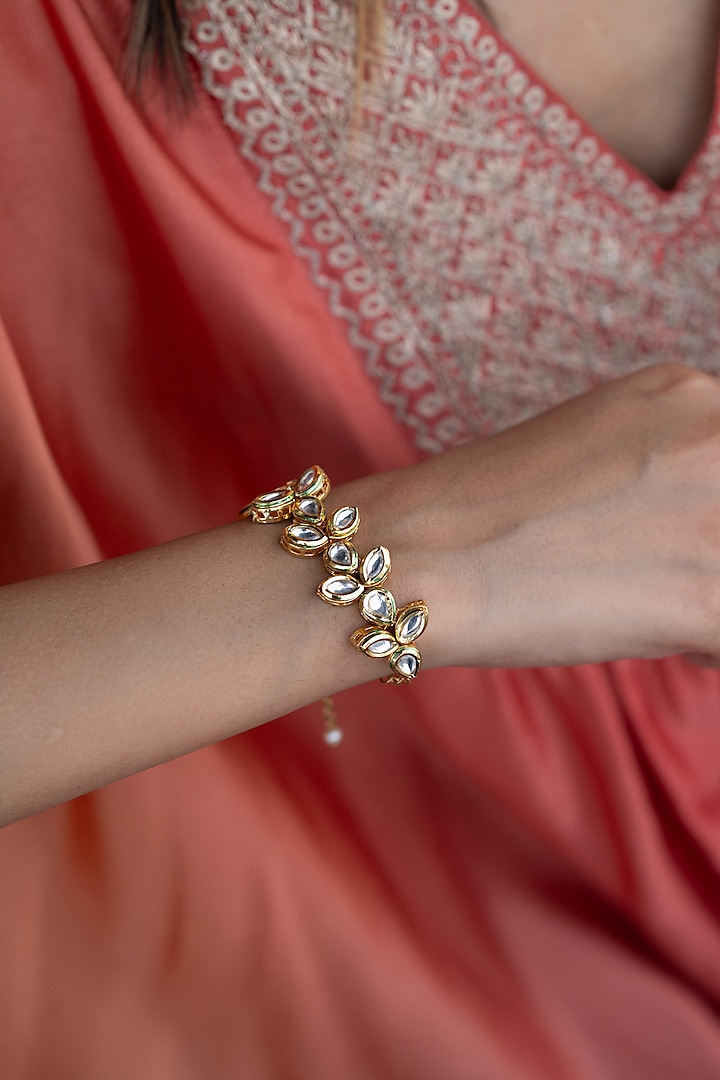 Gold Plated Kundan Polki & Pearl Bracelet by Do Taara at Pernia's Pop Up Shop