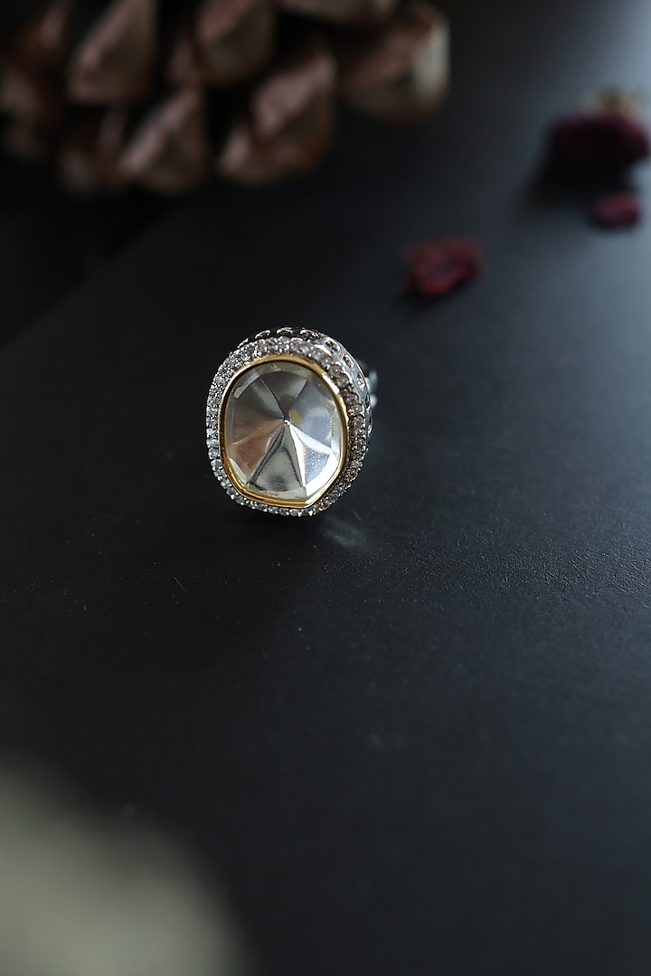 White Rhodium Finish Kundan Polki & Cubic Zirconia Adjustable Ring by Do Taara at Pernia's Pop Up Shop