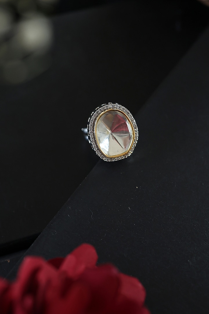 White Rhodium Finish Kundan Polki & Cubic Zirconia Adjustable Ring by Do Taara at Pernia's Pop Up Shop