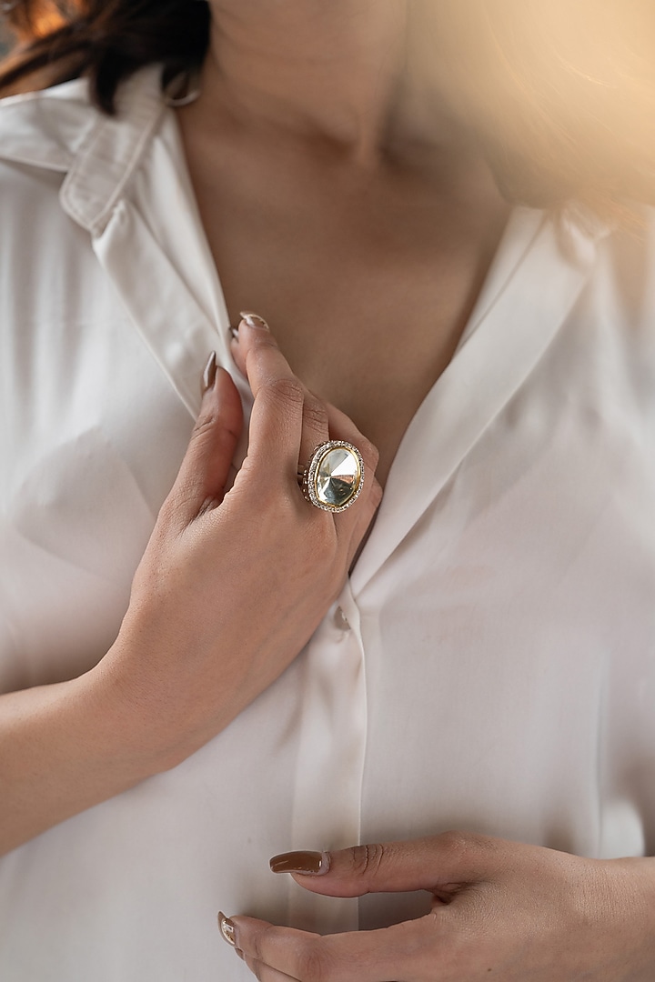 White Rhodium Finish Kundan Polki & Cubic Zirconia Adjustable Ring by Do Taara at Pernia's Pop Up Shop