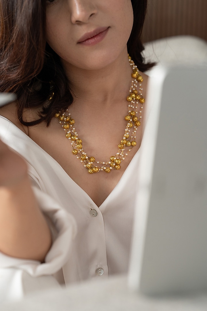 Gold Plated Shell Pearl Layered Necklace by Do Taara at Pernia's Pop Up Shop
