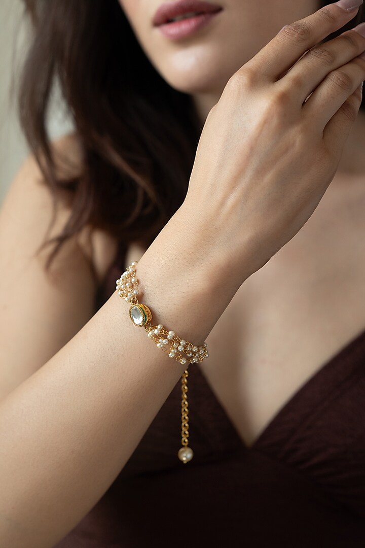 Gold Plated Kundan Polki & Shell Pearl Adjustable Bracelet by Do Taara