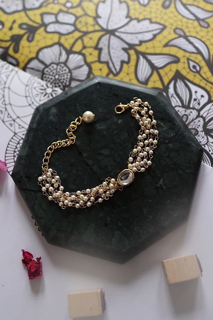 Gold Plated Kundan Polki & Shell Pearl Adjustable Bracelet by Do Taara at Pernia's Pop Up Shop