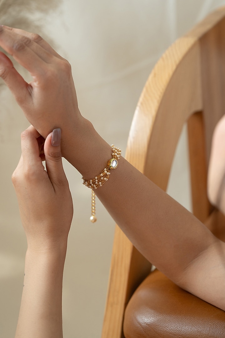 Gold Plated Kundan Polki & Shell Pearl Adjustable Bracelet by Do Taara at Pernia's Pop Up Shop