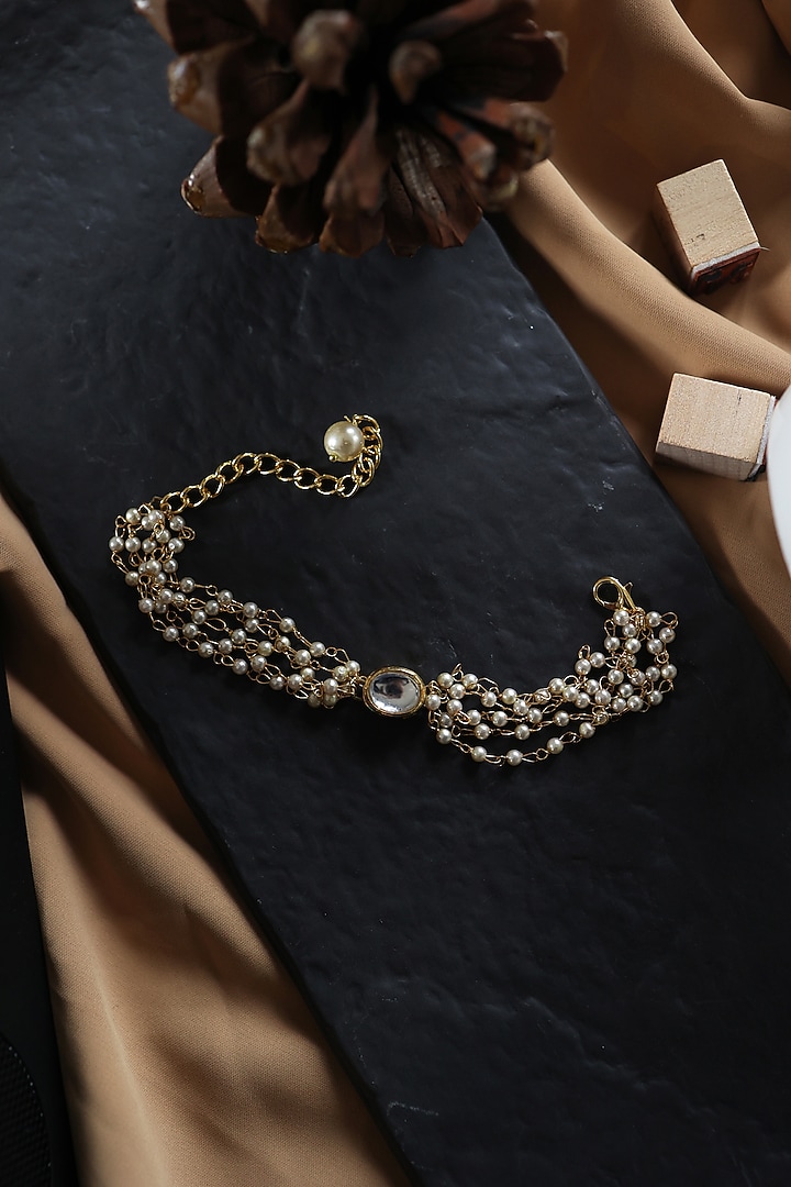 Gold Plated Kundan Polki & Shell Pearl Adjustable Bracelet by Do Taara at Pernia's Pop Up Shop