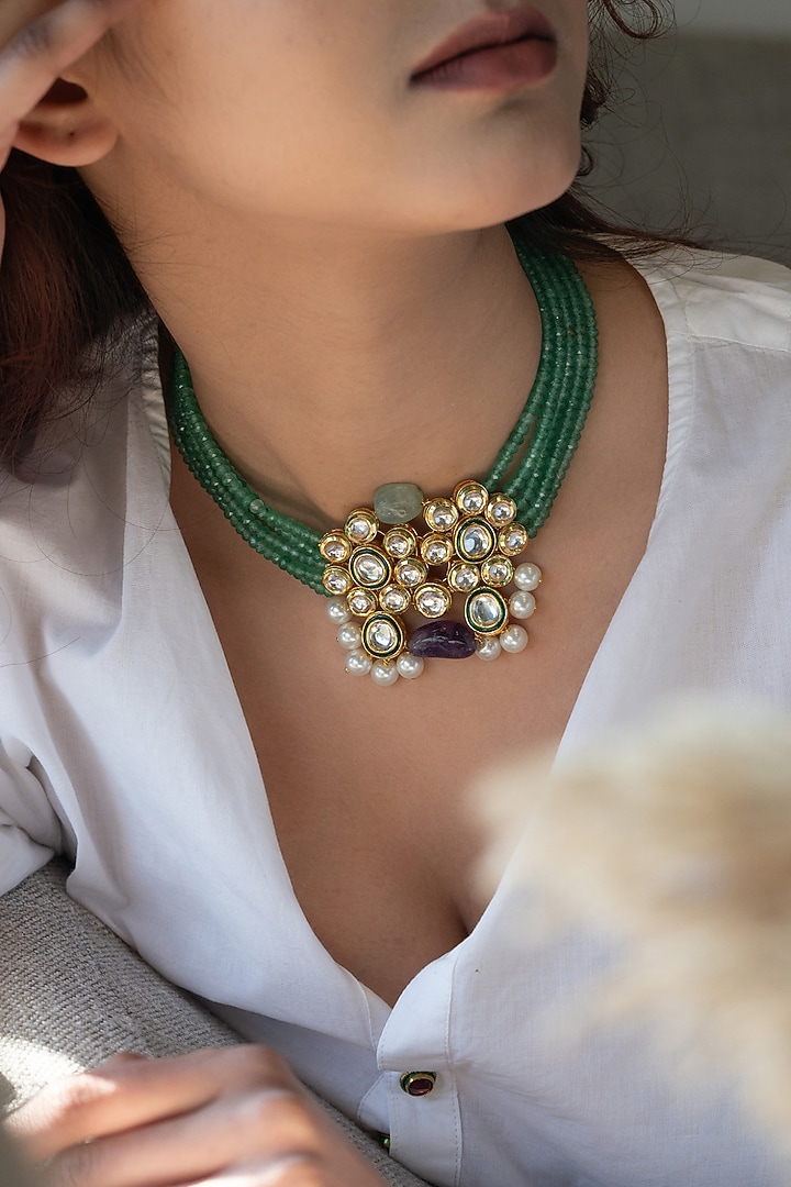 Gold Plated Kundan Polki & Mint Onyx Necklace by Do Taara at Pernia's Pop Up Shop