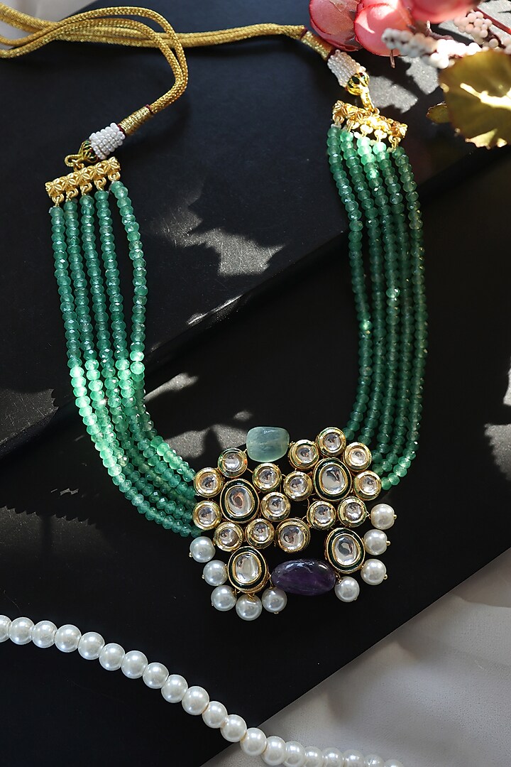 Gold Plated Kundan Polki & Mint Onyx Necklace by Do Taara at Pernia's Pop Up Shop