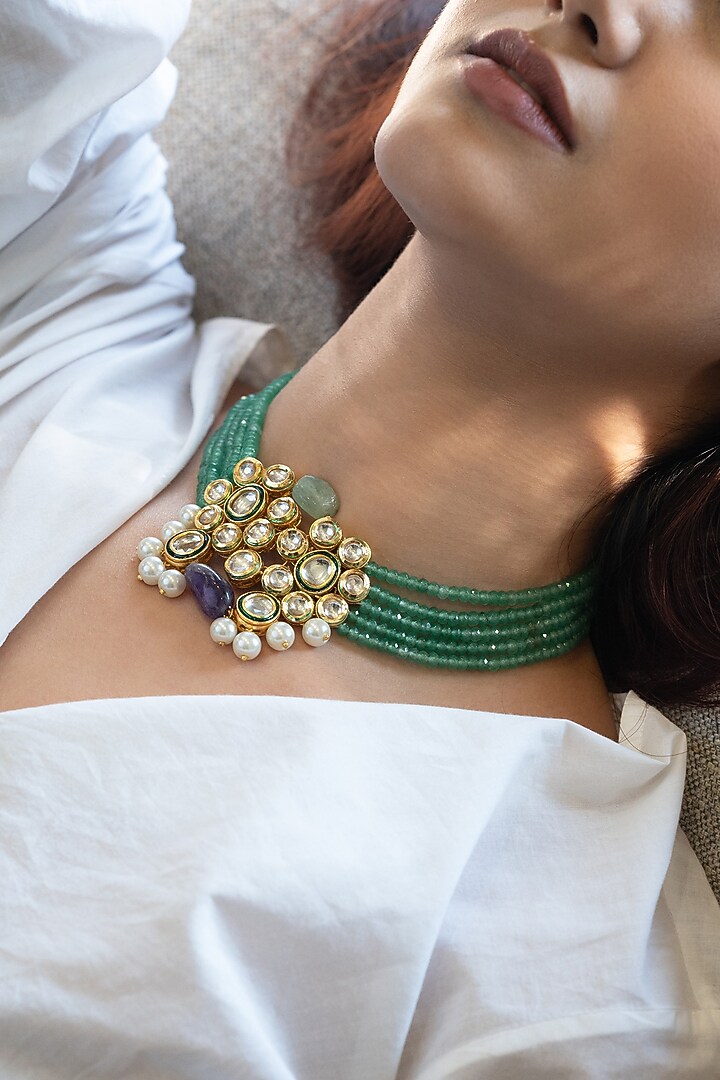 Gold Plated Kundan Polki & Mint Onyx Necklace by Do Taara at Pernia's Pop Up Shop