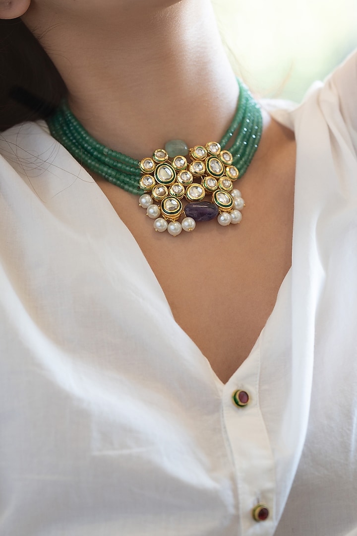 Gold Plated Kundan Polki & Mint Onyx Necklace by Do Taara at Pernia's Pop Up Shop
