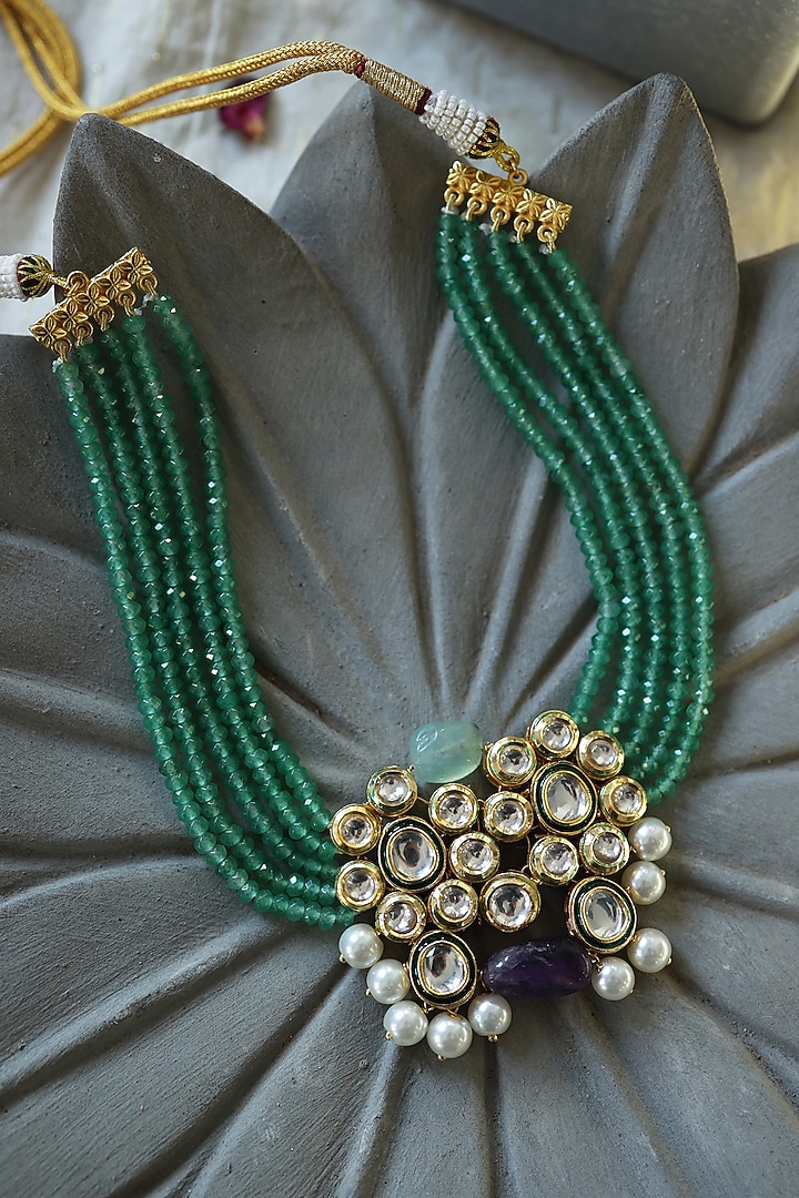 Gold Plated Kundan Polki & Mint Onyx Necklace by Do Taara at Pernia's Pop Up Shop