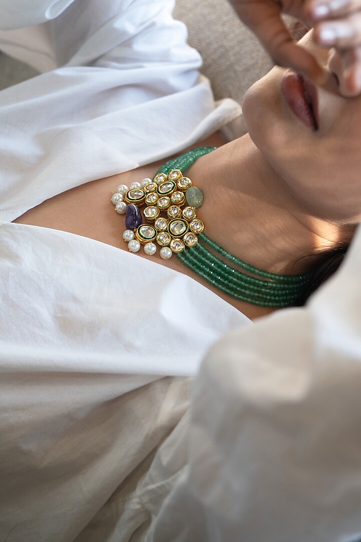 Gold Plated Kundan Polki & Mint Onyx Necklace by Do Taara at Pernia's Pop Up Shop