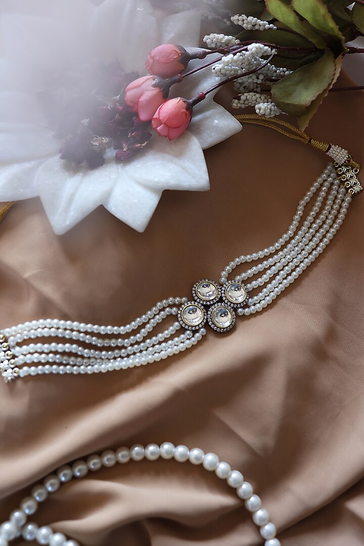 White Rhodium Finish Kundan Polki & Cubic Zirconia Choker Necklace by Do Taara at Pernia's Pop Up Shop