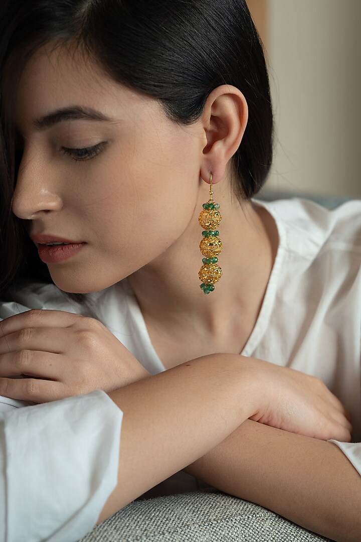 Gold Plated Embossed Dangler Earrings by Do Taara at Pernia's Pop Up Shop
