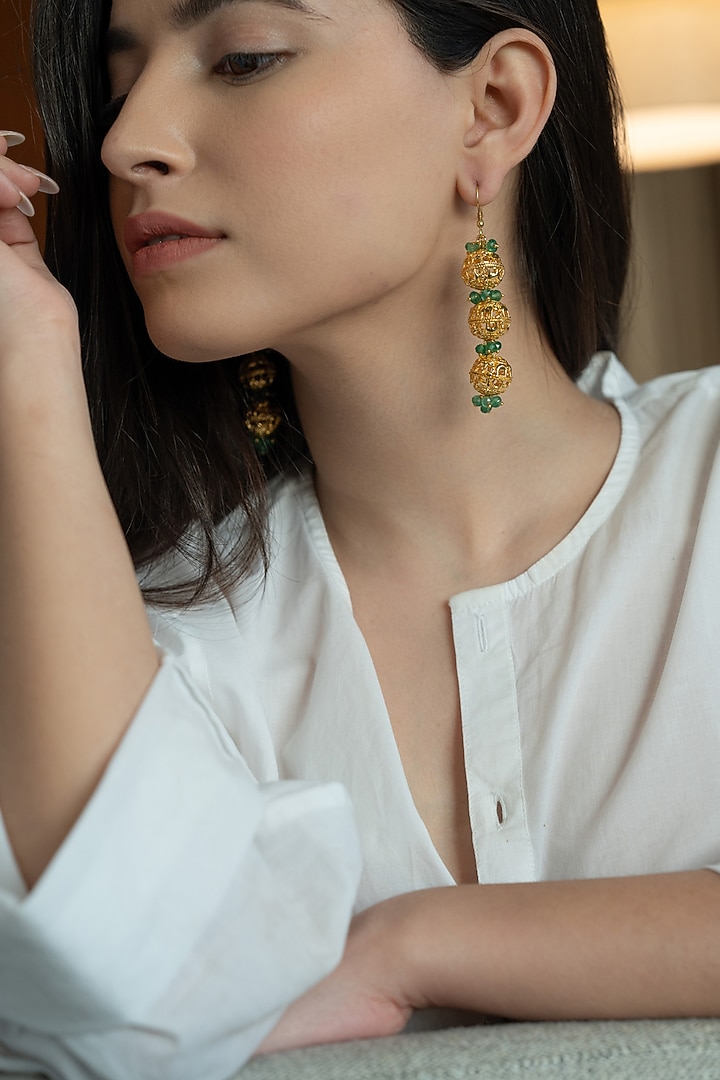 Gold Plated Embossed Dangler Earrings by Do Taara at Pernia's Pop Up Shop