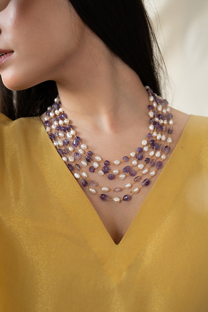 Gold Plated Baroque Pearl & Fluorite Necklace by Do Taara at Pernia's Pop Up Shop