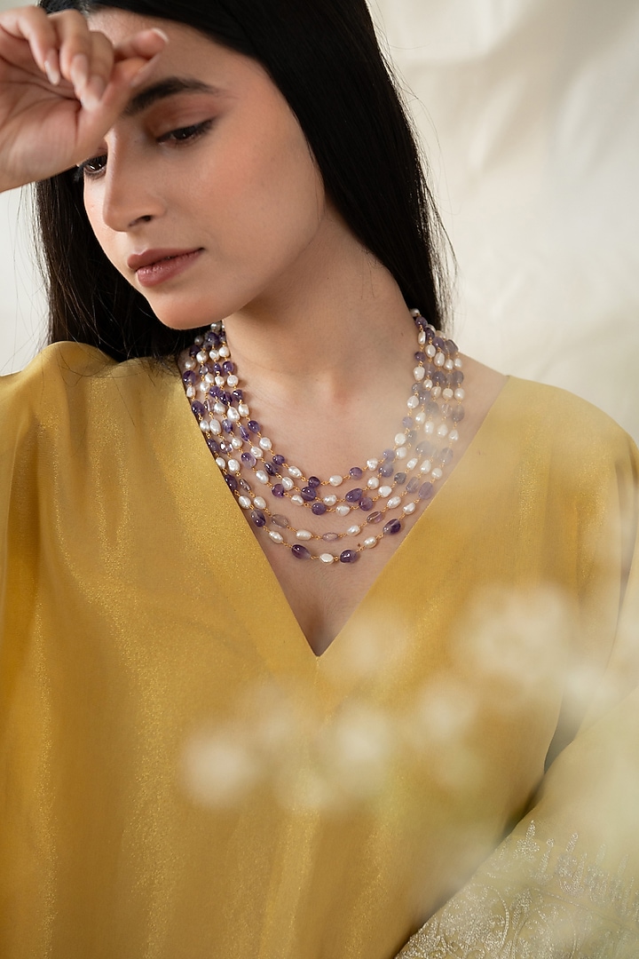 Gold Plated Baroque Pearl & Fluorite Necklace by Do Taara at Pernia's Pop Up Shop