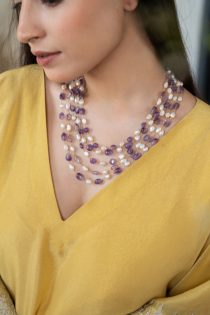 Gold Plated Baroque Pearl & Fluorite Necklace by Do Taara at Pernia's Pop Up Shop