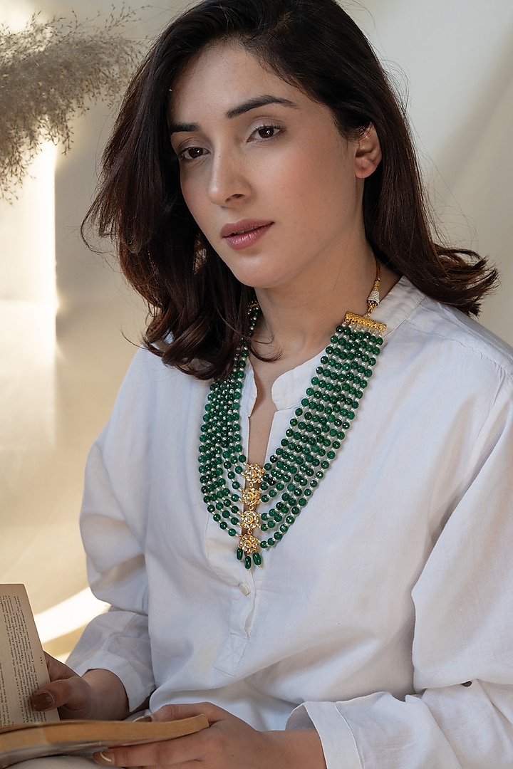Gold Plated Kundan Polki & Green Stone Necklace by Do Taara at Pernia's Pop Up Shop
