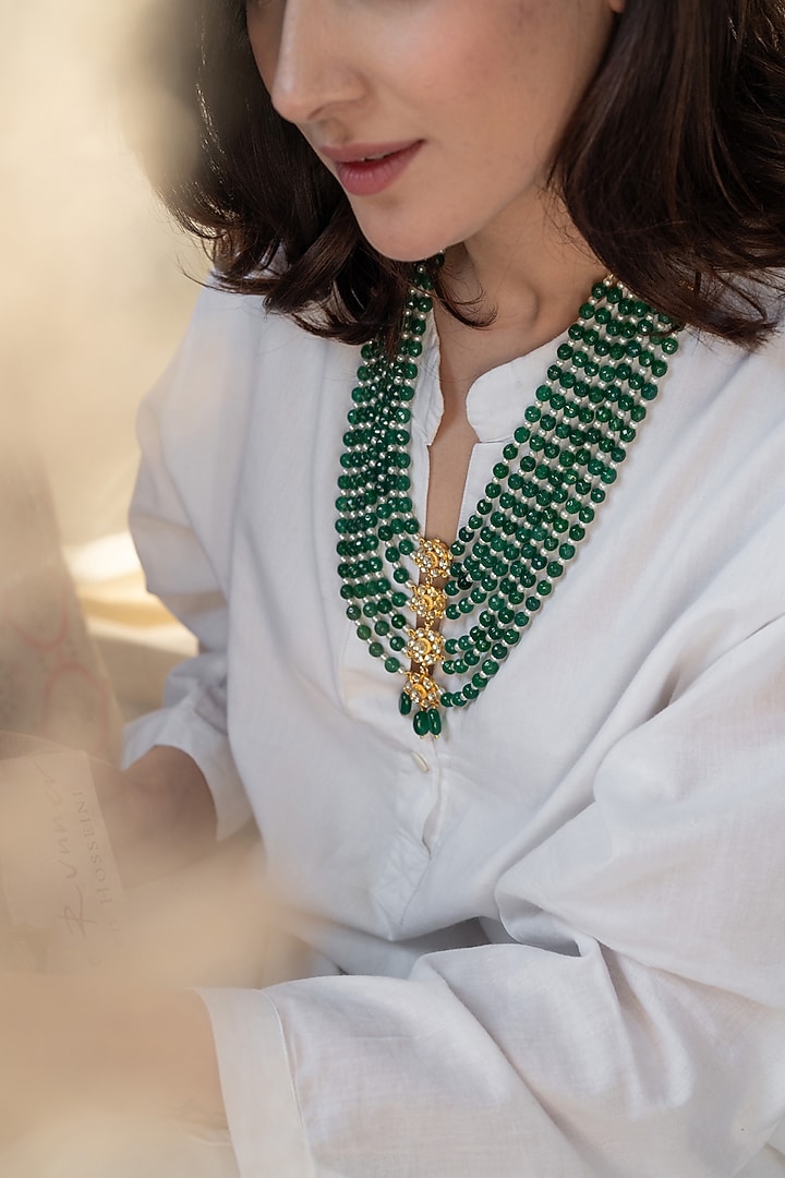 Gold Plated Kundan Polki & Green Stone Necklace by Do Taara at Pernia's Pop Up Shop