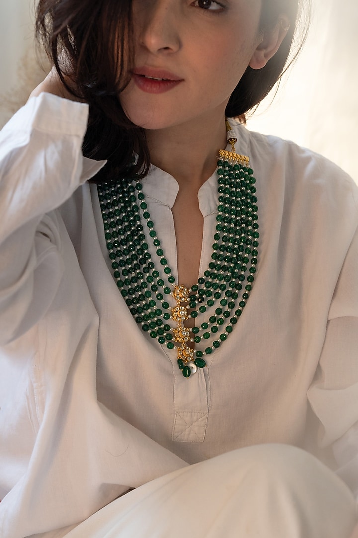 Gold Plated Kundan Polki & Green Stone Necklace by Do Taara at Pernia's Pop Up Shop