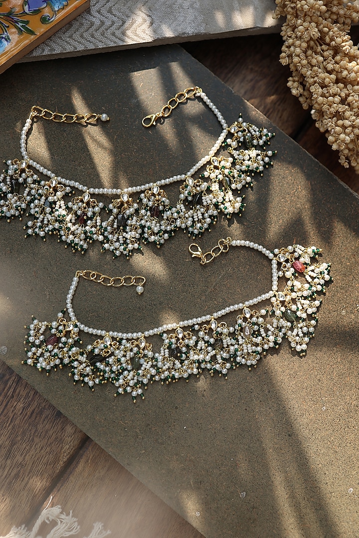 Gold Plated Kundan Polki & Pearl Anklets (Set of 2) by Do Taara at Pernia's Pop Up Shop