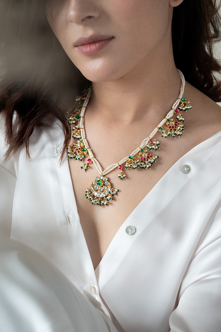 Gold Plated Kundan Polki & Pearl Necklace by Do Taara at Pernia's Pop Up Shop