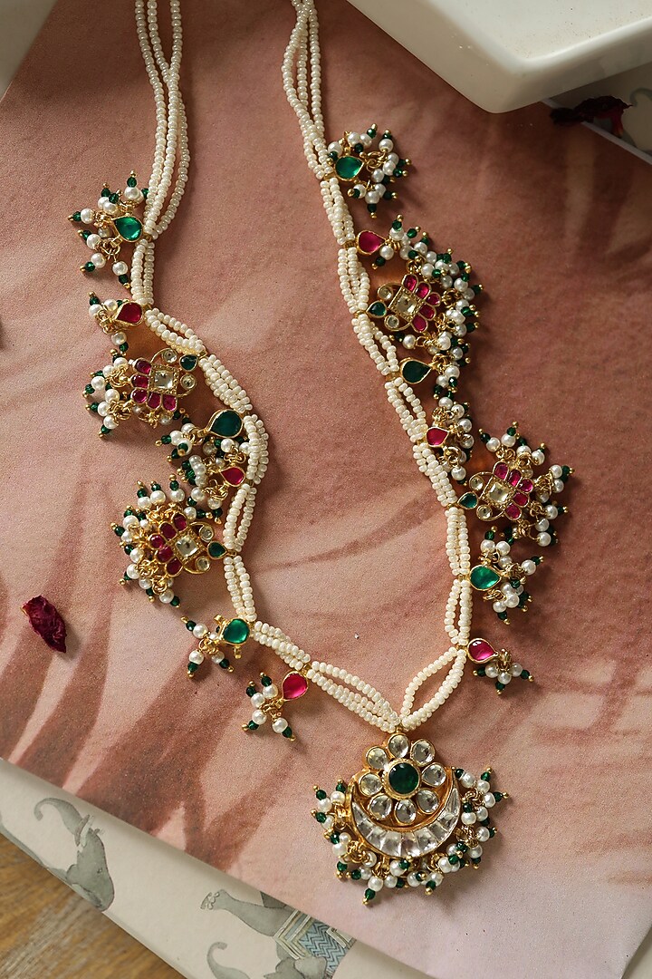 Gold Plated Kundan Polki & Pearl Necklace by Do Taara at Pernia's Pop Up Shop