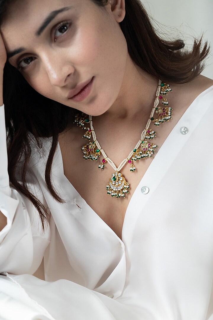 Gold Plated Kundan Polki & Pearl Necklace by Do Taara at Pernia's Pop Up Shop