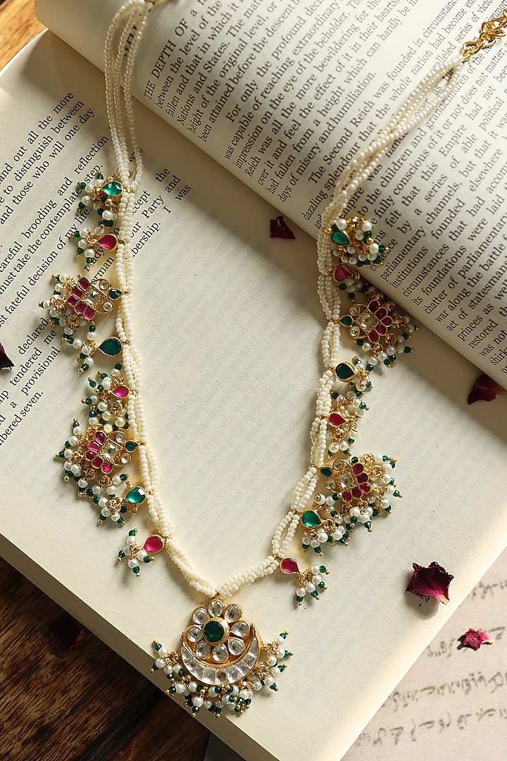 Gold Plated Kundan Polki & Pearl Necklace by Do Taara at Pernia's Pop Up Shop