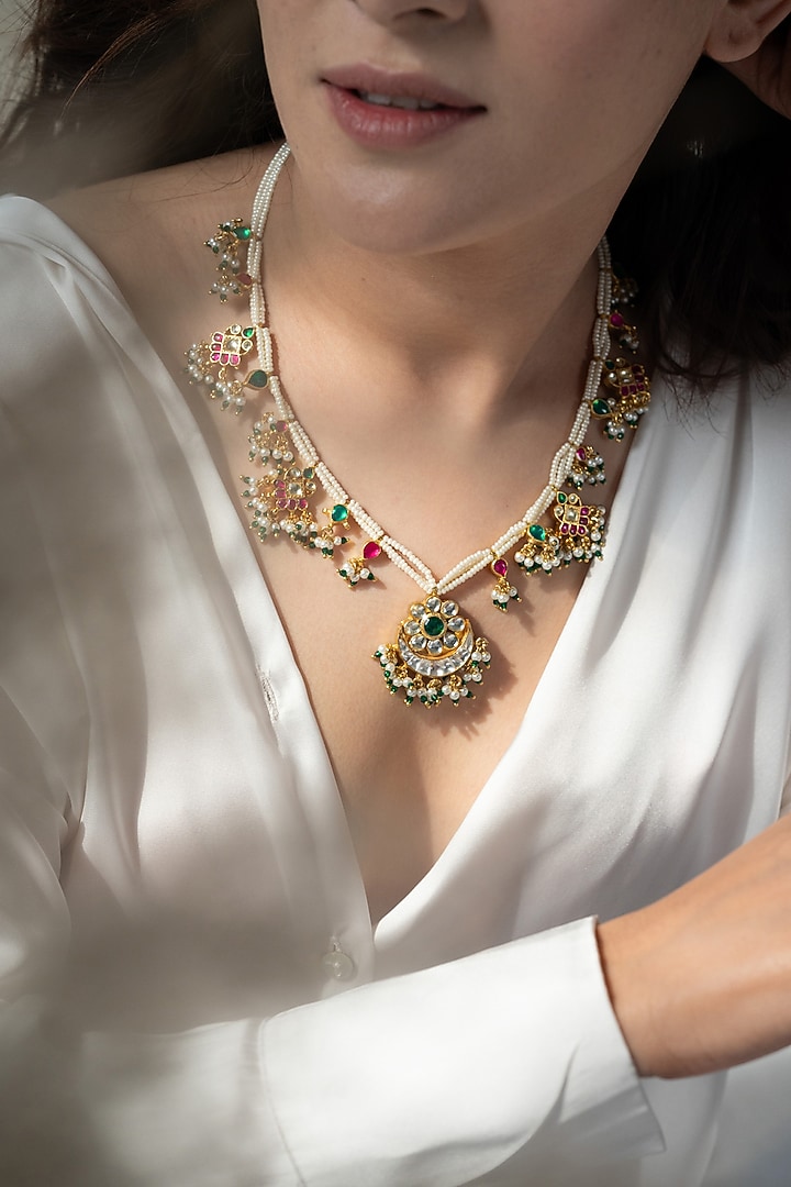 Gold Plated Kundan Polki & Pearl Necklace by Do Taara at Pernia's Pop Up Shop