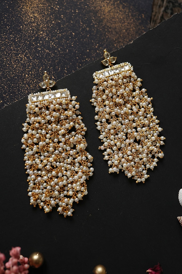 Gold Plated Kundan Shell Pearl Dangler Earrings by Do Taara at Pernia's Pop Up Shop