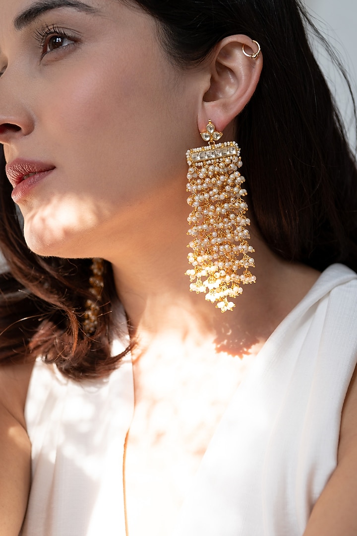 Gold Plated Kundan Shell Pearl Dangler Earrings by Do Taara at Pernia's Pop Up Shop