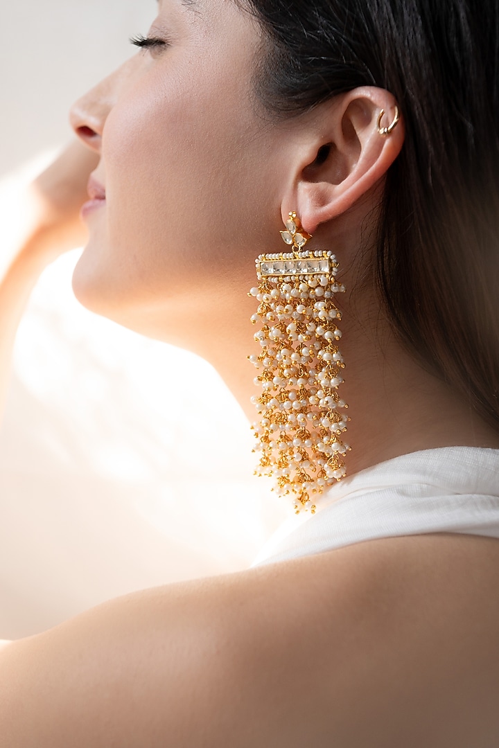 Gold Plated Kundan Shell Pearl Dangler Earrings by Do Taara at Pernia's Pop Up Shop