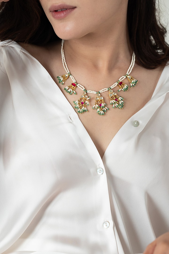 Gold Plated Kundan Polki & Pearl Necklace by Do Taara at Pernia's Pop Up Shop