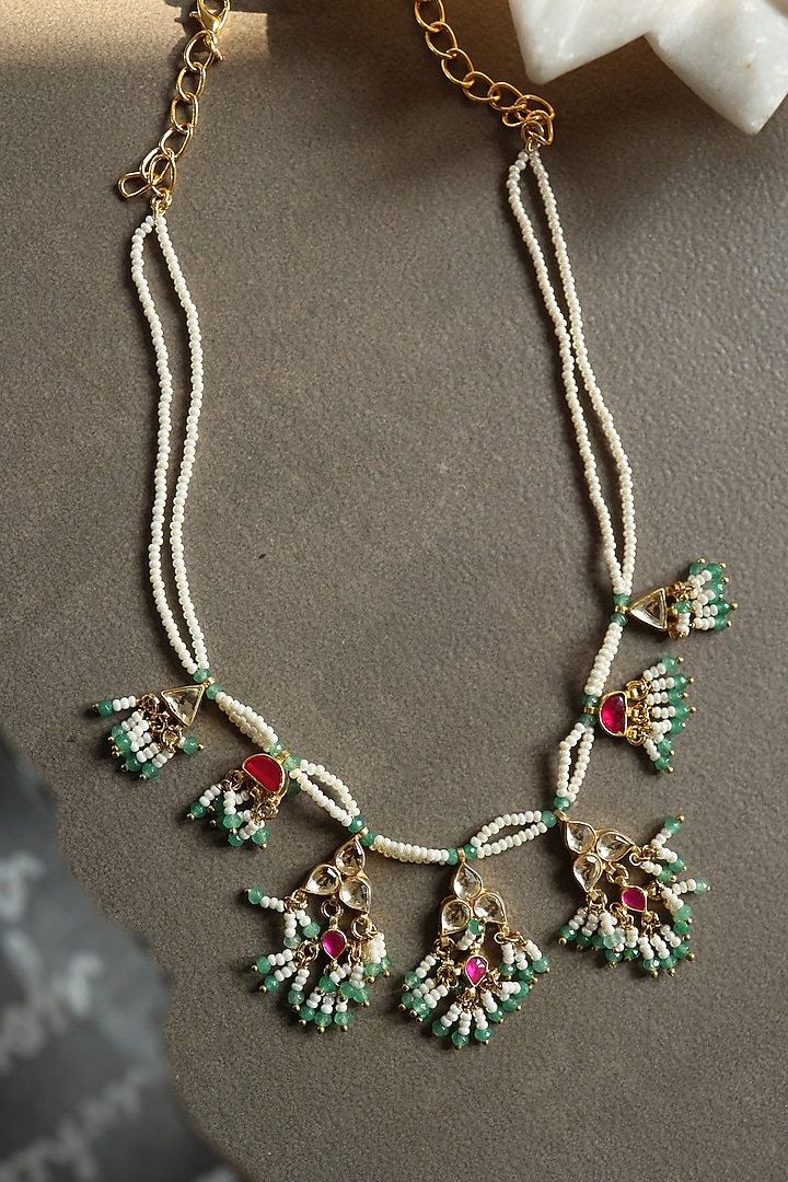 Gold Plated Kundan Polki & Pearl Necklace by Do Taara at Pernia's Pop Up Shop
