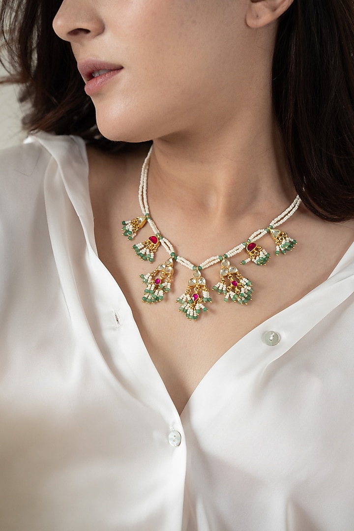 Gold Plated Kundan Polki & Pearl Necklace by Do Taara at Pernia's Pop Up Shop