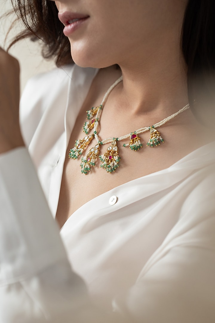 Gold Plated Kundan Polki & Pearl Necklace by Do Taara at Pernia's Pop Up Shop