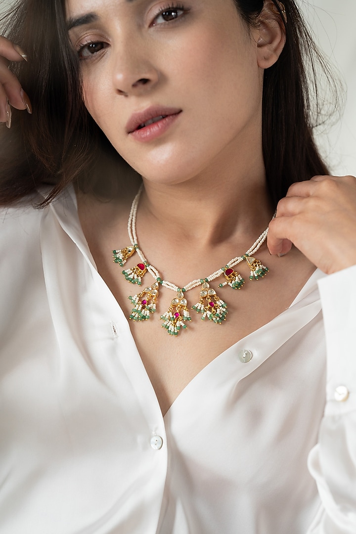 Gold Plated Kundan Polki & Pearl Necklace by Do Taara at Pernia's Pop Up Shop