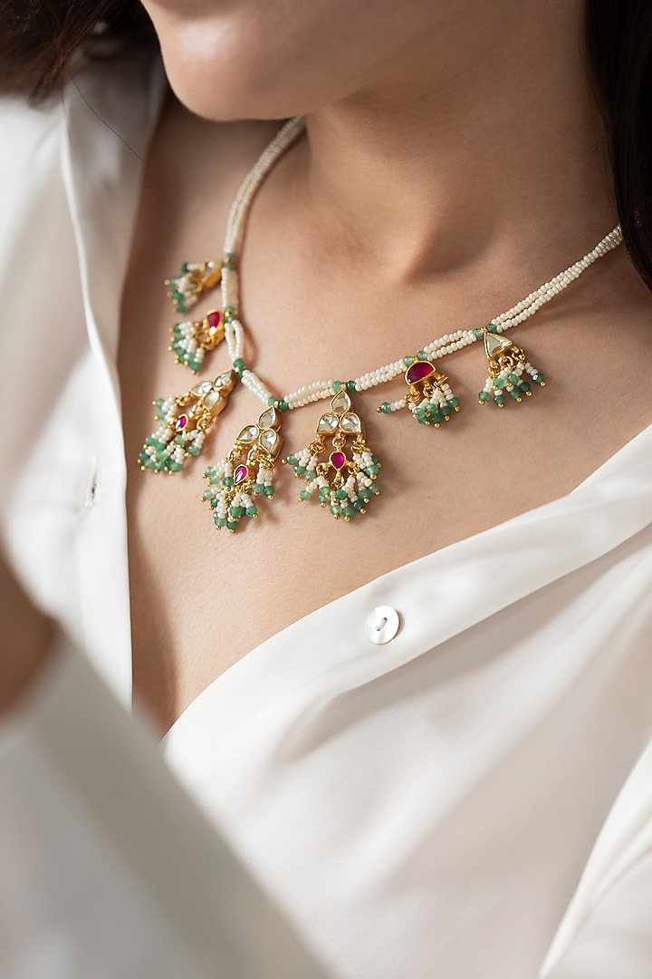 Gold Plated Kundan Polki & Pearl Necklace by Do Taara at Pernia's Pop Up Shop