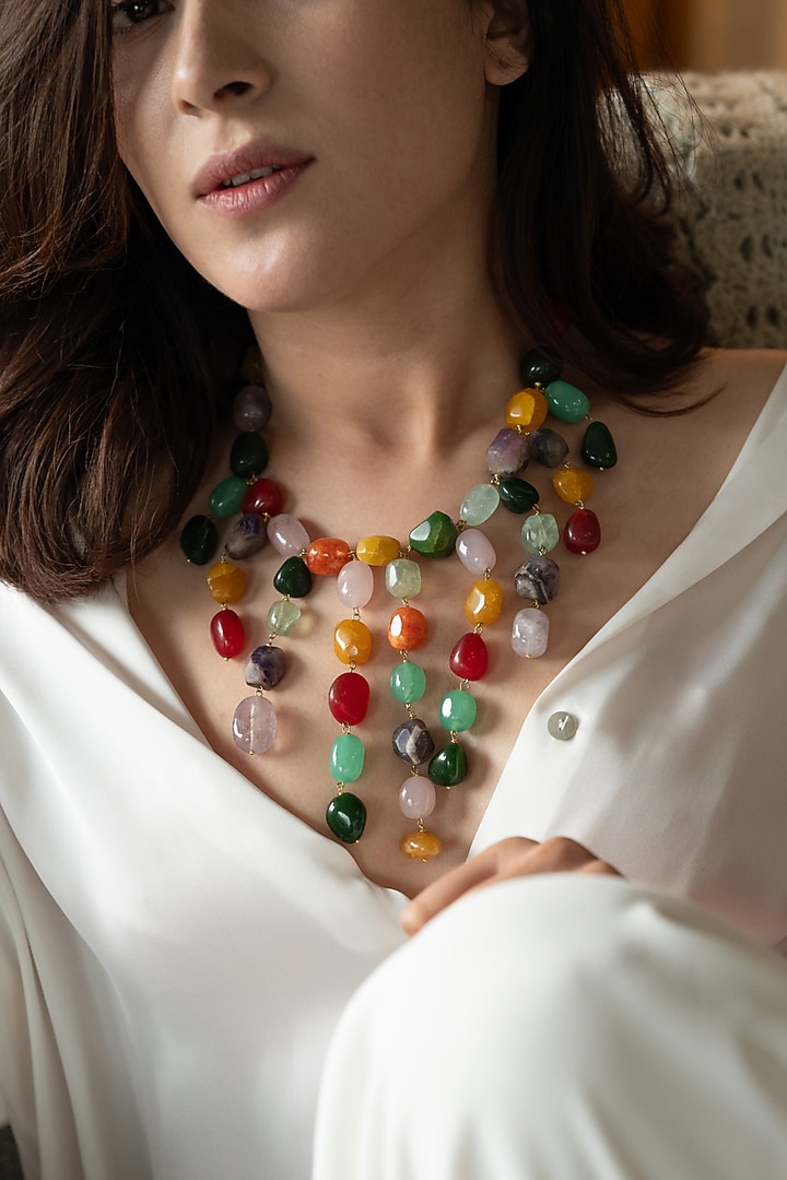 Gold Plated Natural Agate & Fluorite Stone Necklace by Do Taara at Pernia's Pop Up Shop