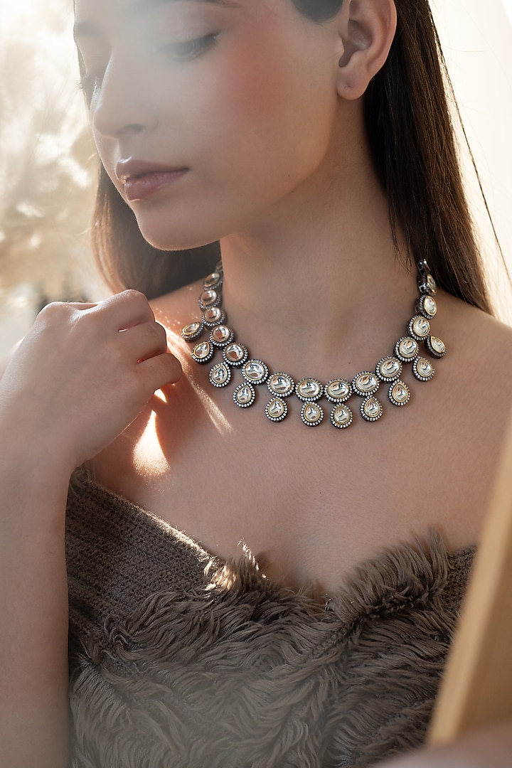 White Rhodium Finish Polki & Cubic Zirconia Necklace by Do Taara at Pernia's Pop Up Shop