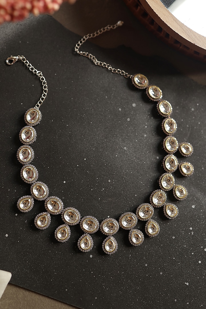 White Rhodium Finish Polki & Cubic Zirconia Necklace by Do Taara at Pernia's Pop Up Shop