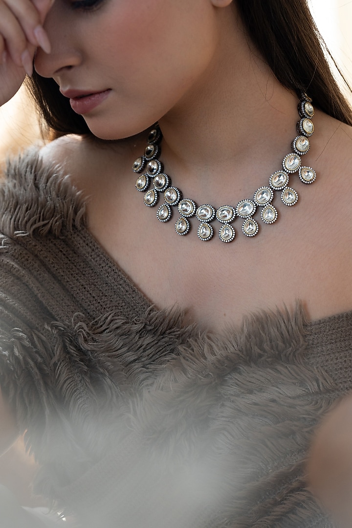 White Rhodium Finish Polki & Cubic Zirconia Necklace by Do Taara at Pernia's Pop Up Shop