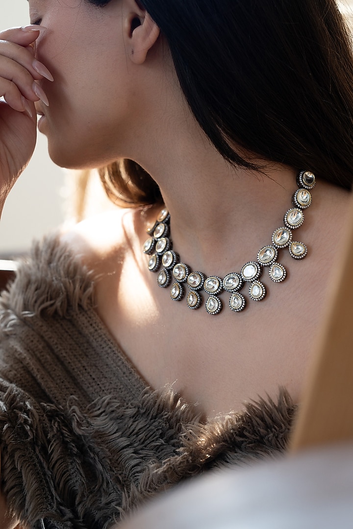White Rhodium Finish Polki & Cubic Zirconia Necklace by Do Taara at Pernia's Pop Up Shop