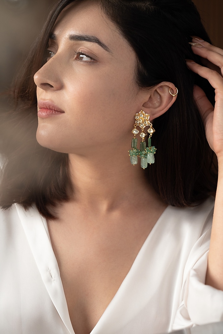 Gold Plated Kundan & Fluorite Stone Dangler Earrings by Do Taara at Pernia's Pop Up Shop