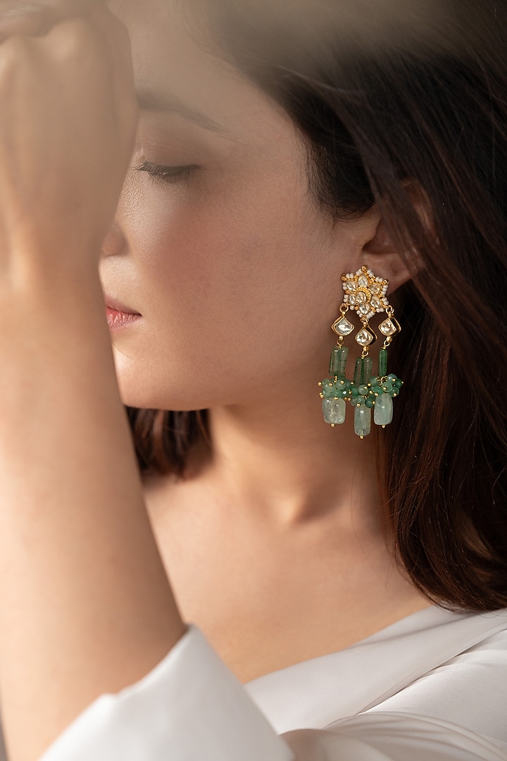 Gold Plated Kundan & Fluorite Stone Dangler Earrings by Do Taara at Pernia's Pop Up Shop